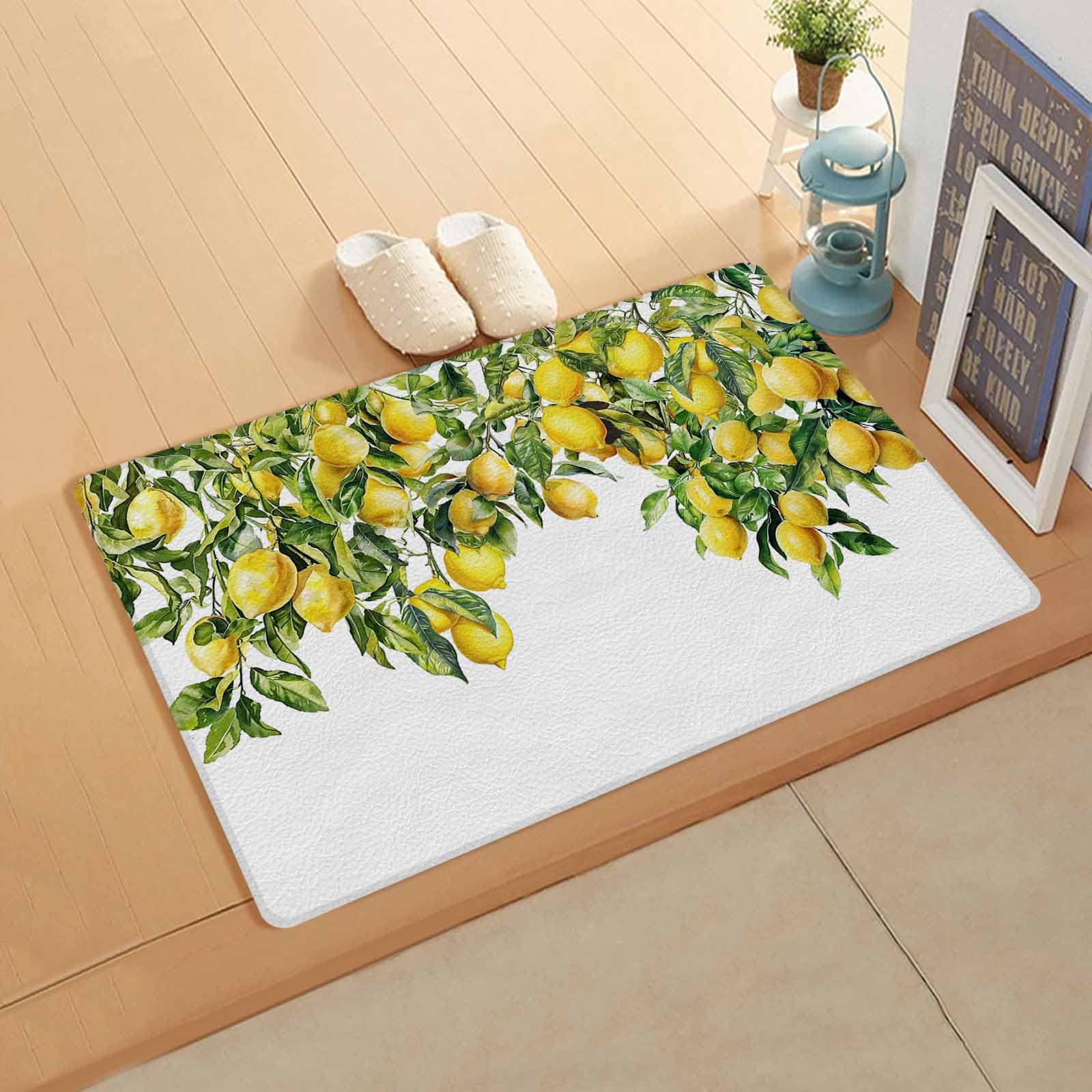 Green Lemon Antifatigue Kitchen Bath Door Mat Cushioned Runner Rug,Washable Welcome Floor Sink Mat,Waterproof & Non-Slip Standing Doormat for Kitchen,Watercolor Trpical Summer Fruit White 18