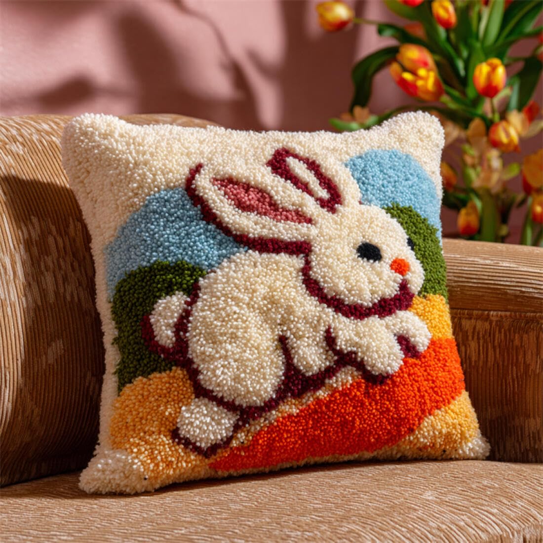 Kitquiver Animal Latch Hook Cushion Kits Cartoon Rabbit DIY Latch Hook Kits Pillow Needlepoint Cushion Kit for Home Décor Needlework Set for Adult Beginners 17x17In
