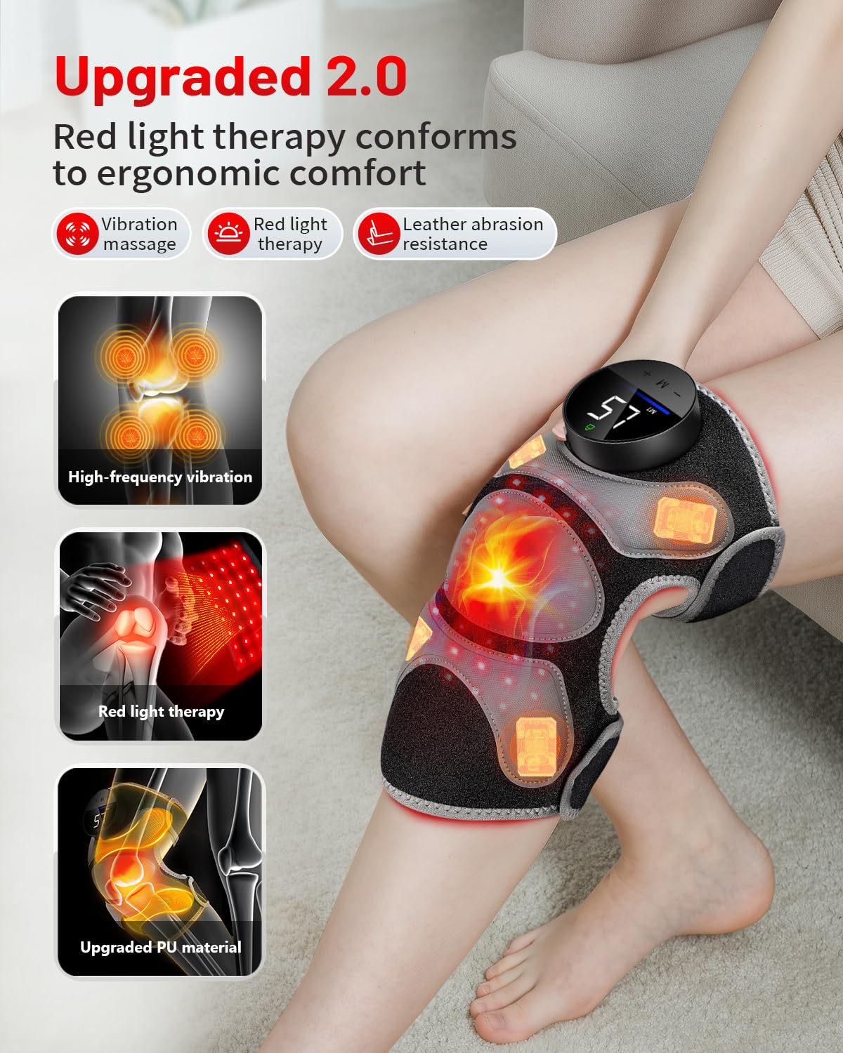 Upgraded PRO Red Light Therapy Knee Brace & 4 Vibration Massage - Rechargeable Controller, 660nm&850nm Red Light Therapy Heated Device for Knee/Elbow/Shoulder Pain