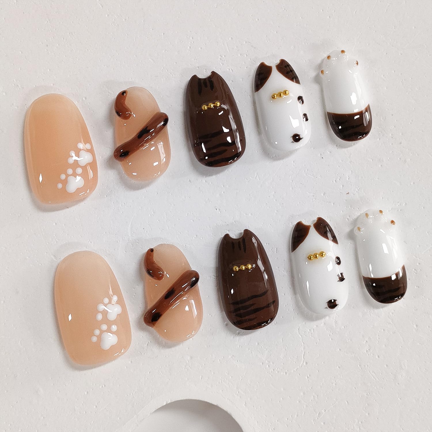 Cat Press on Nails Medium Almond Handmade 3D Brown Thick Acrylic Nails Cute Fall False Nails with Unique Cat Shape Paw Pads Designs Funny Glossy Fake Nail Sturdy Art Press on Nail 10Pcs(M) image 4