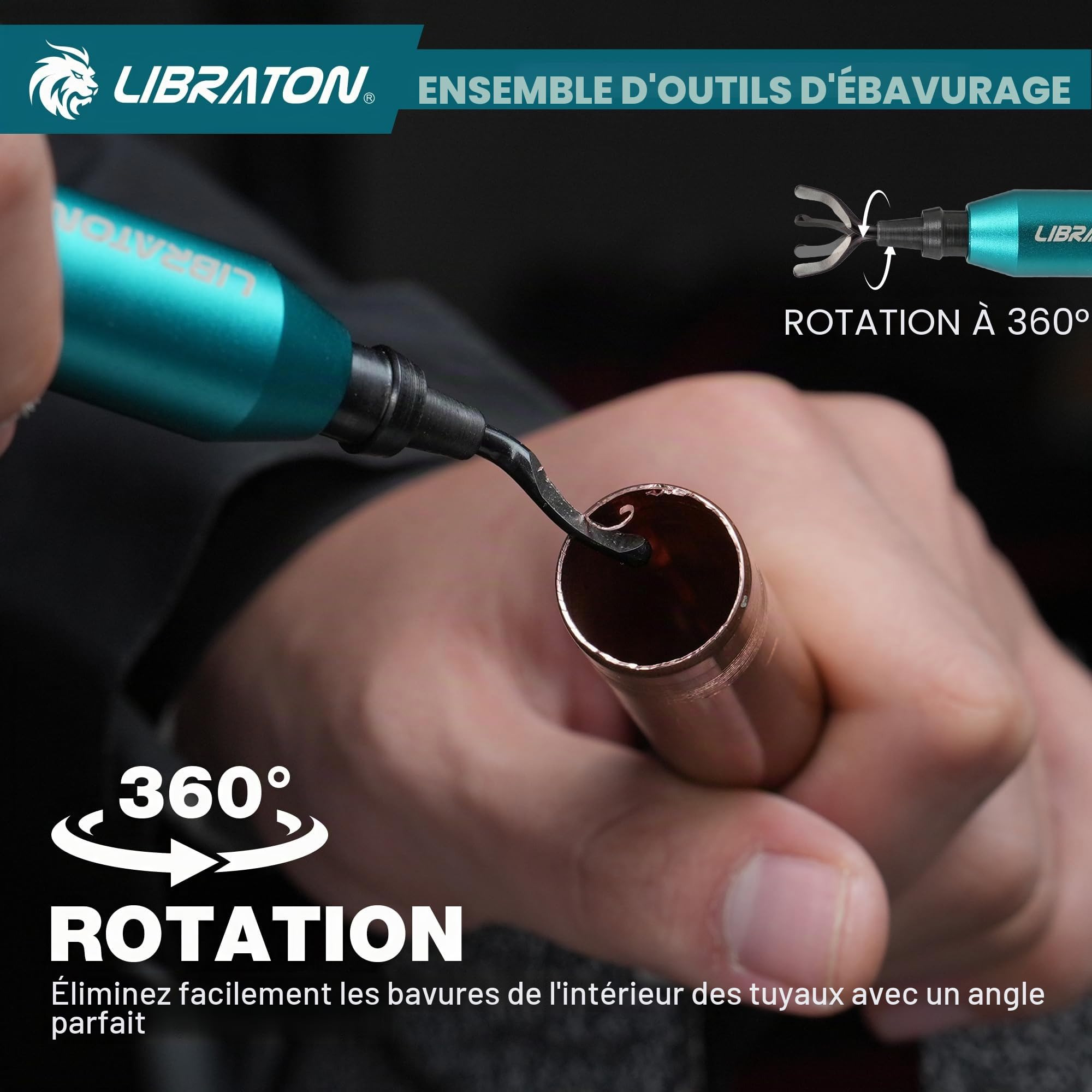 LIBRATON Ebavureur, Outil D'ébavurage Manuel, Alésoir Manuel Rotatif à 360° | avec 10 Lames HSS, pour Métal, Résine, PVC, Plastique, Cuivre, Imprimante 3d, Bois – Outil d'ébavurage et Finition Bord