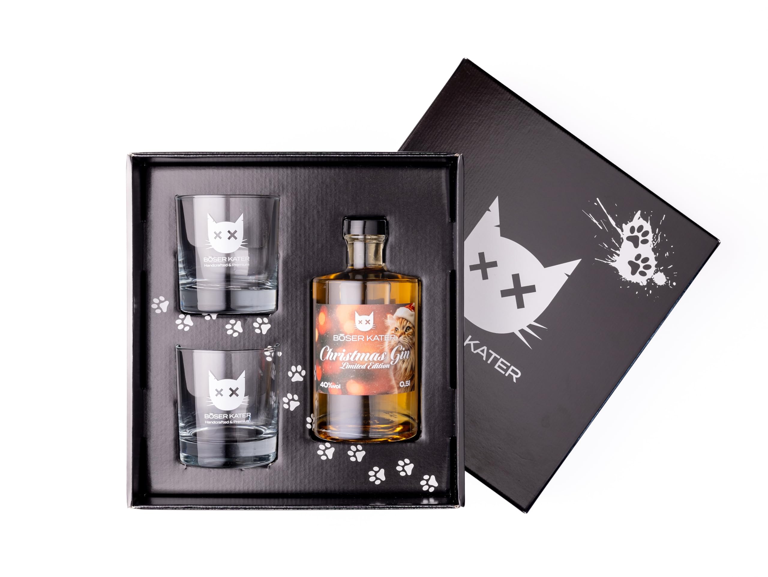 BÖSER KATER Christmas Gin Geschenkset mit 2 Gläsern, würzig weihnachtlicher Geschmack, Ideal für winterliche Cocktails, das perfekte Gin Geschenk in hochwertiger Box 0,5l 40% Vol.