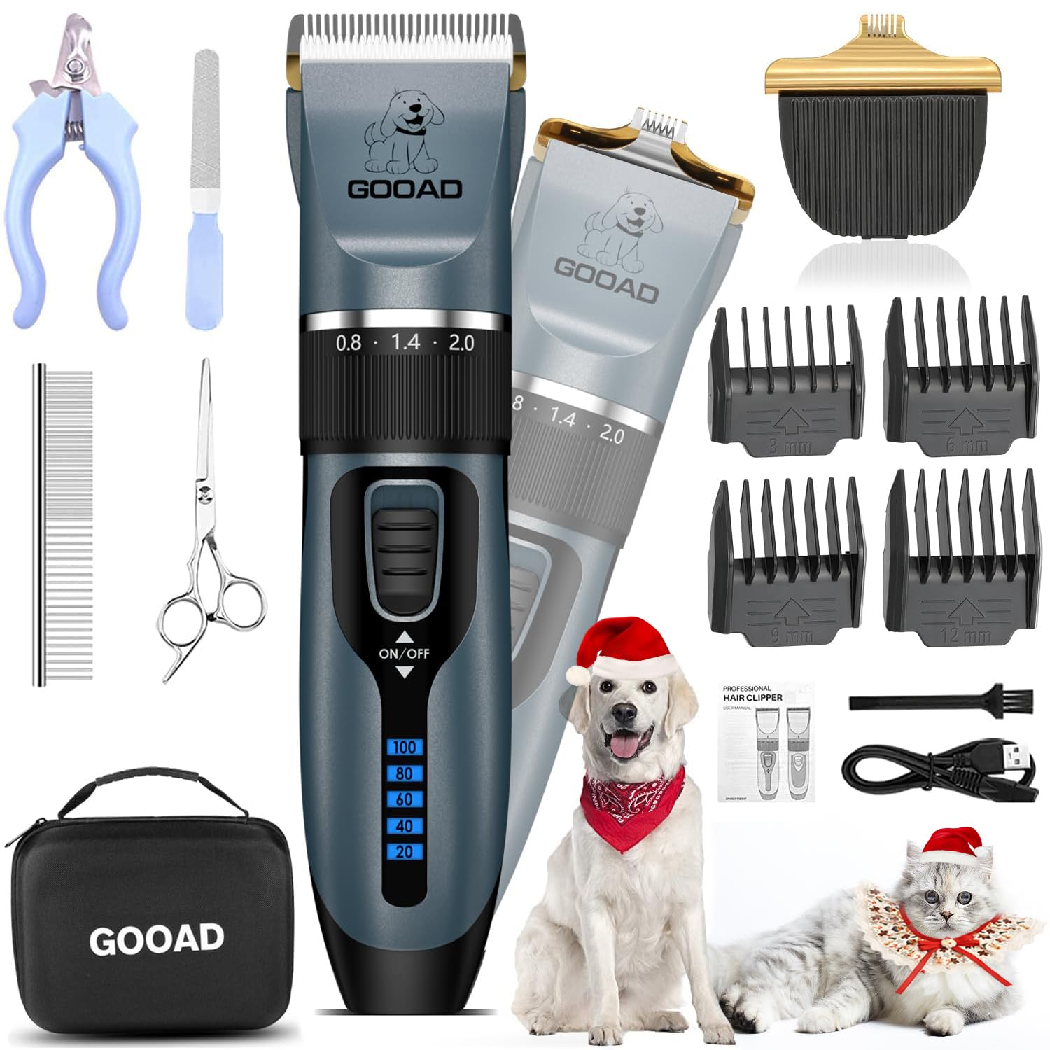 Gooad Dog Clippers Grooming Kit and Paw Trimmer,Cordless,Low Noise, Electric Quiet,Rechargeable, Dog Trimmer Grooming
