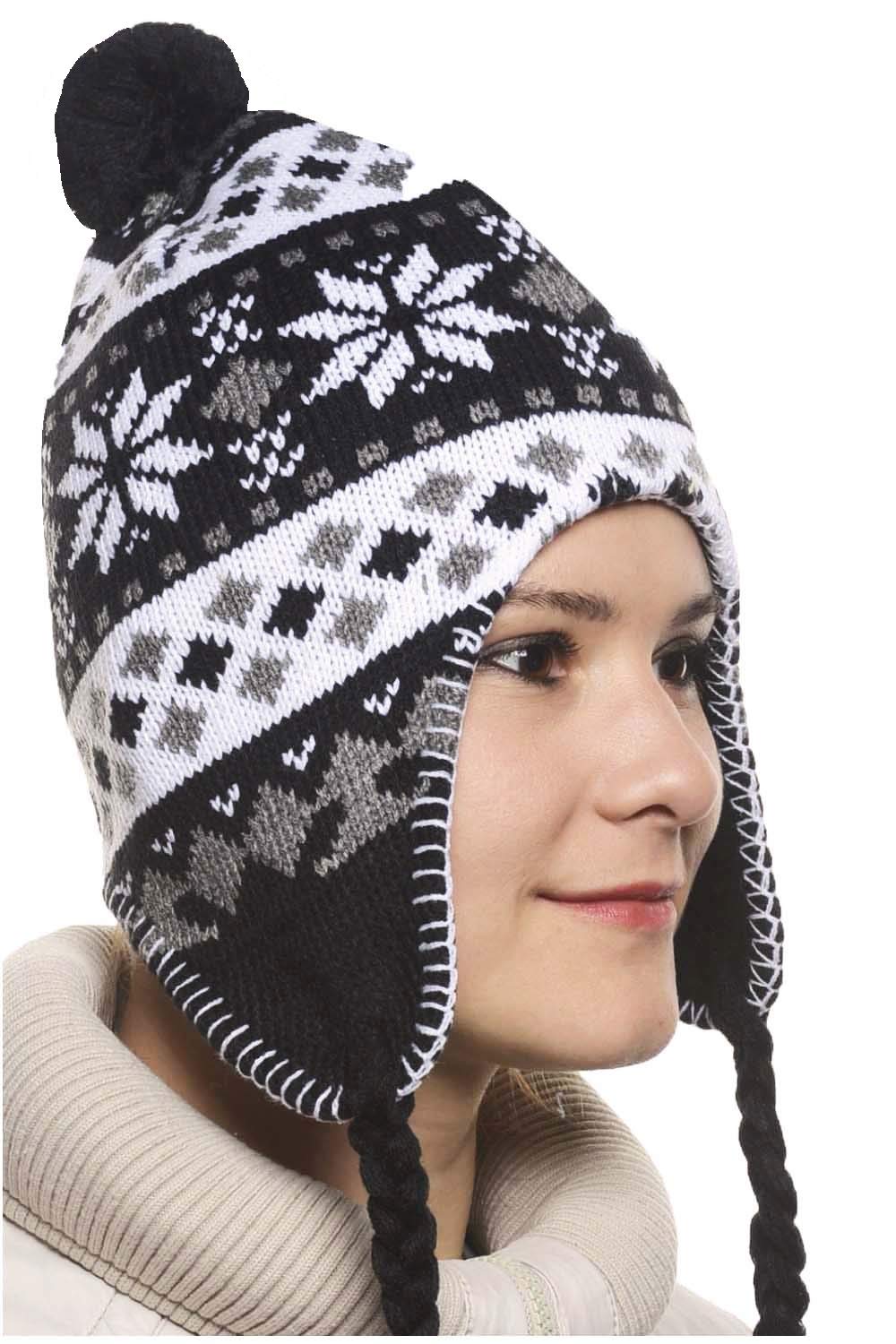 Chullo ch'ullu Peruaanse muts met pompon, uniseks, heren/dames, kleuren naar keuze, Zwart en wit., Eén Maat