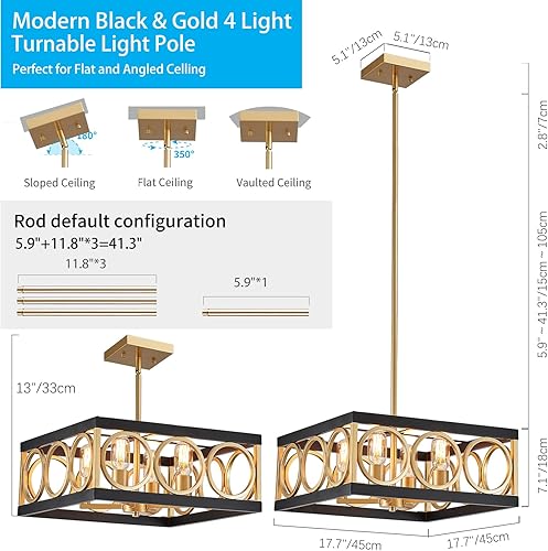 Miniatura 10 de XINGQI Lámpara de araña rústica 177 pulgadas lámpara cuadrada vintage de 4 luces para sala de estar comedor cocina pasillo techo inclinado grano de