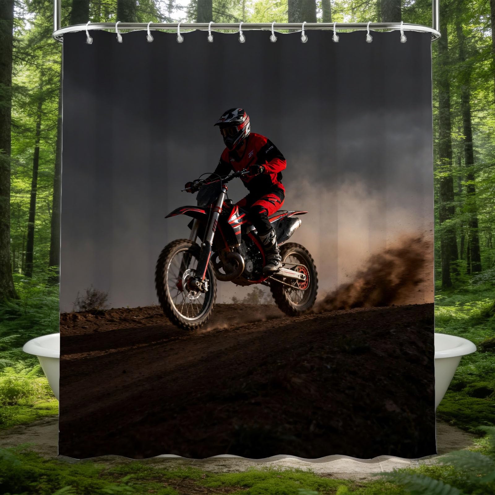 Hongduo 3D Mountain Motorcycle Shower Curtain for Stalls Bathtubs Sports Style Bathroom Decor Shower Curtain Set Polyester Fabric Waterproof 180x200cm/71X79 Inch with Hooks