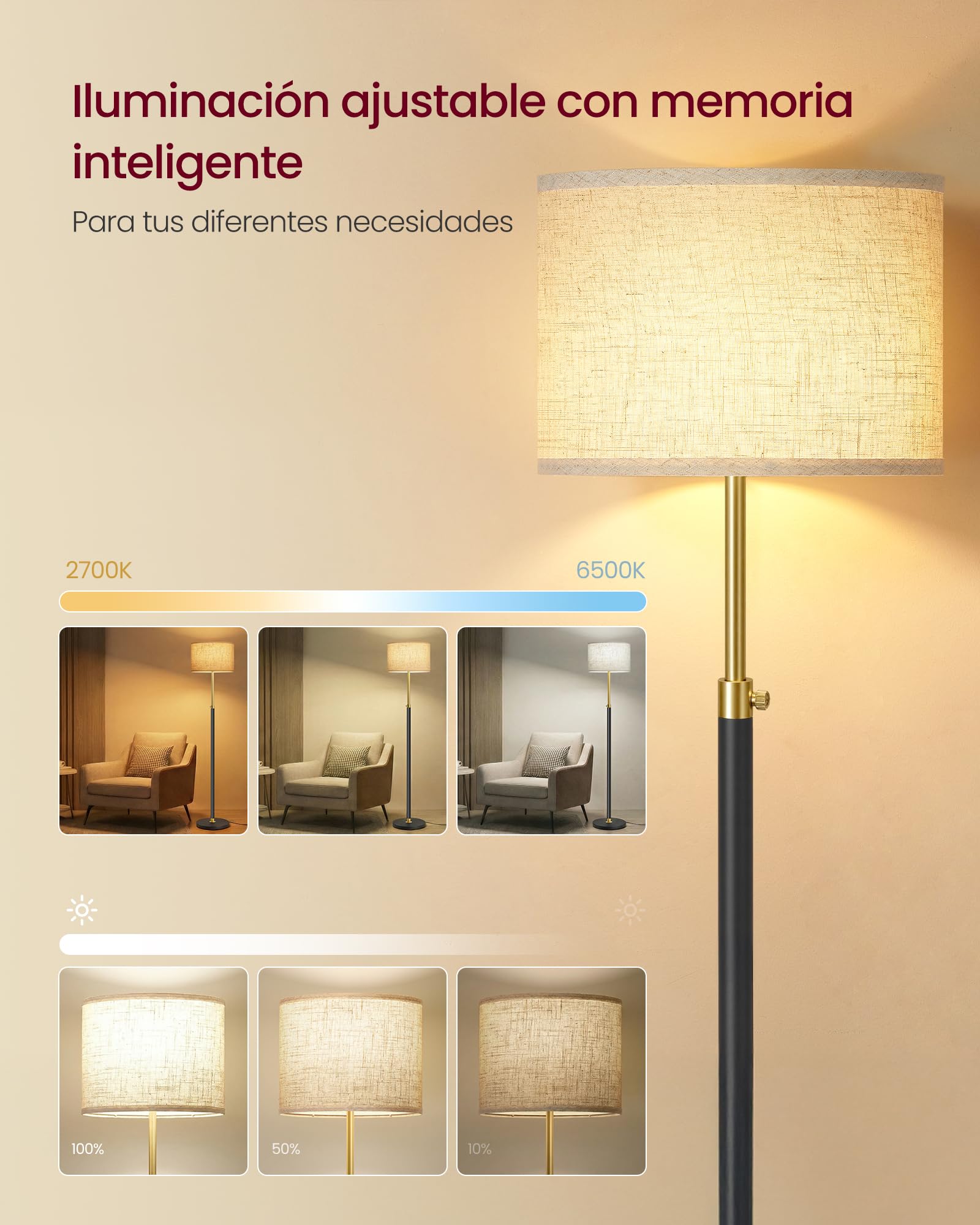 VASAGLE Lámpara de Pie, Lámpara de Lectura Regulable en Altura, 140-170 cm de Altura, Moderna, con Interruptor de Pedal, Pantalla de Tela, Casquillo E27, con control remoto, Dorado + Negro LFL005BD02