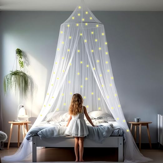 Canopy for Girls Bed with Pre-Glued Glow in The Dark Stars - Princess Mosquito Net Room Decor - Kids & Baby Bedroom Tent with Galaxy Lights - 1 Opening Canopy Bed & Hanging Kit Included
