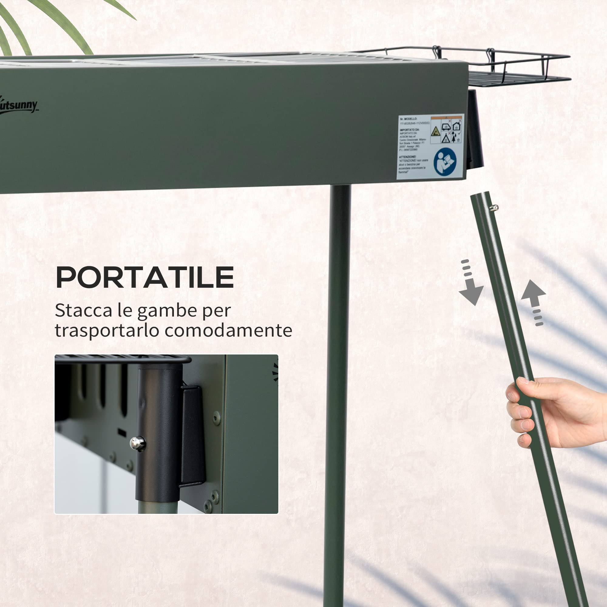 Outsunny Barbecue a Carbonella, BBQ Portatile, 94x39x70cm, Verde Scuro | 2 Griglie in Acciaio, a Carbone, Cestini Laterali, Gambe Rimovibili
