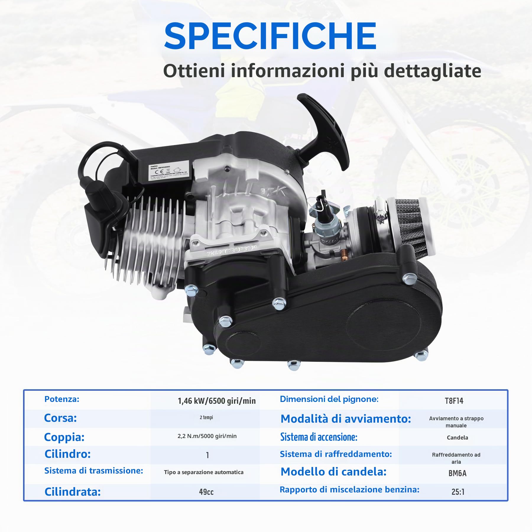 Samger Motore da 49 cc, 50 cc, motore a 2 tempi, dirt bike, cross, mini ATV quad, carburatore