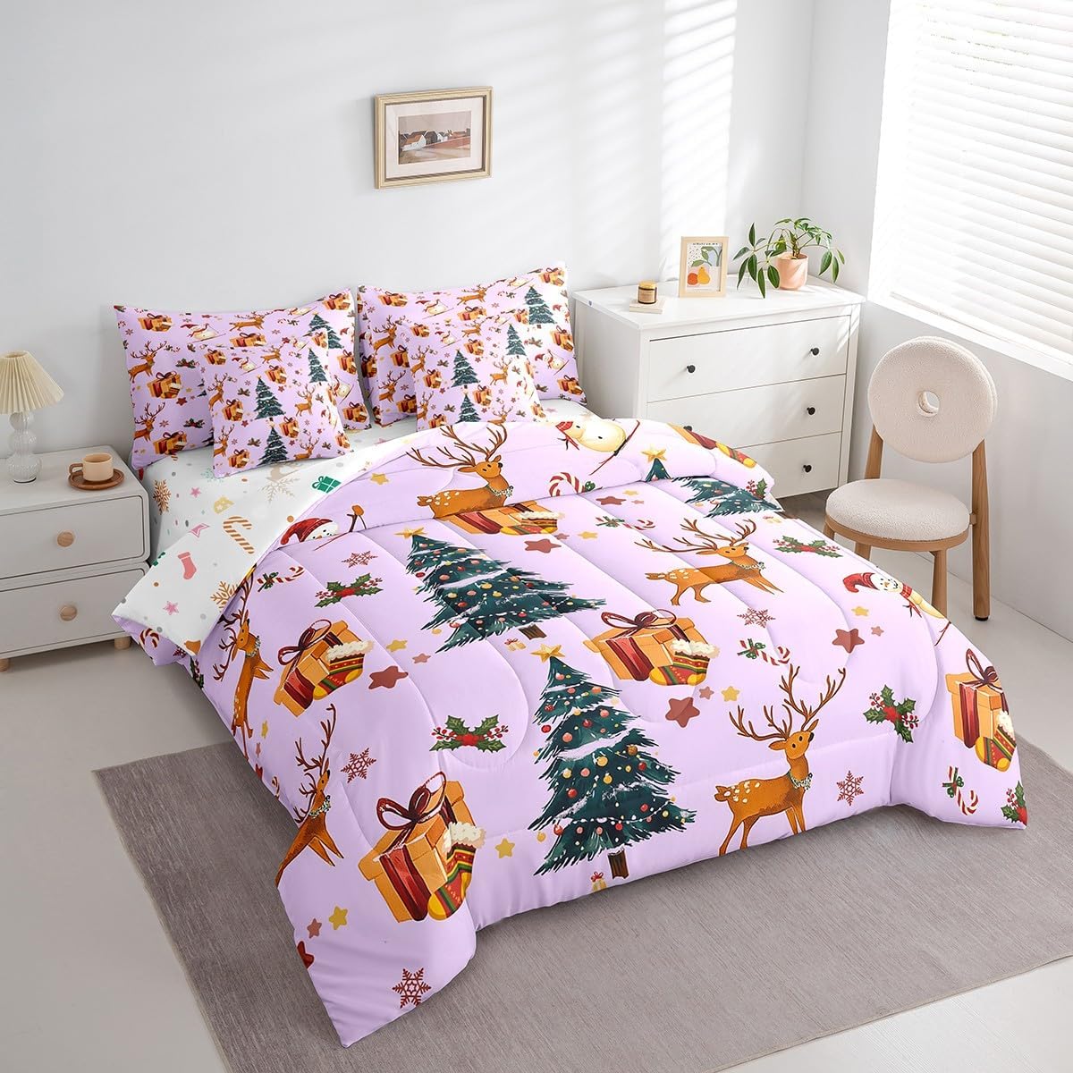 Feelyou Purple Christmas Tree & Snowman Bed in a Bag - Merry Christmas Comforter Set with Sheets & Reindeer Pattern - 7 Piece Queen Size Bedding Set