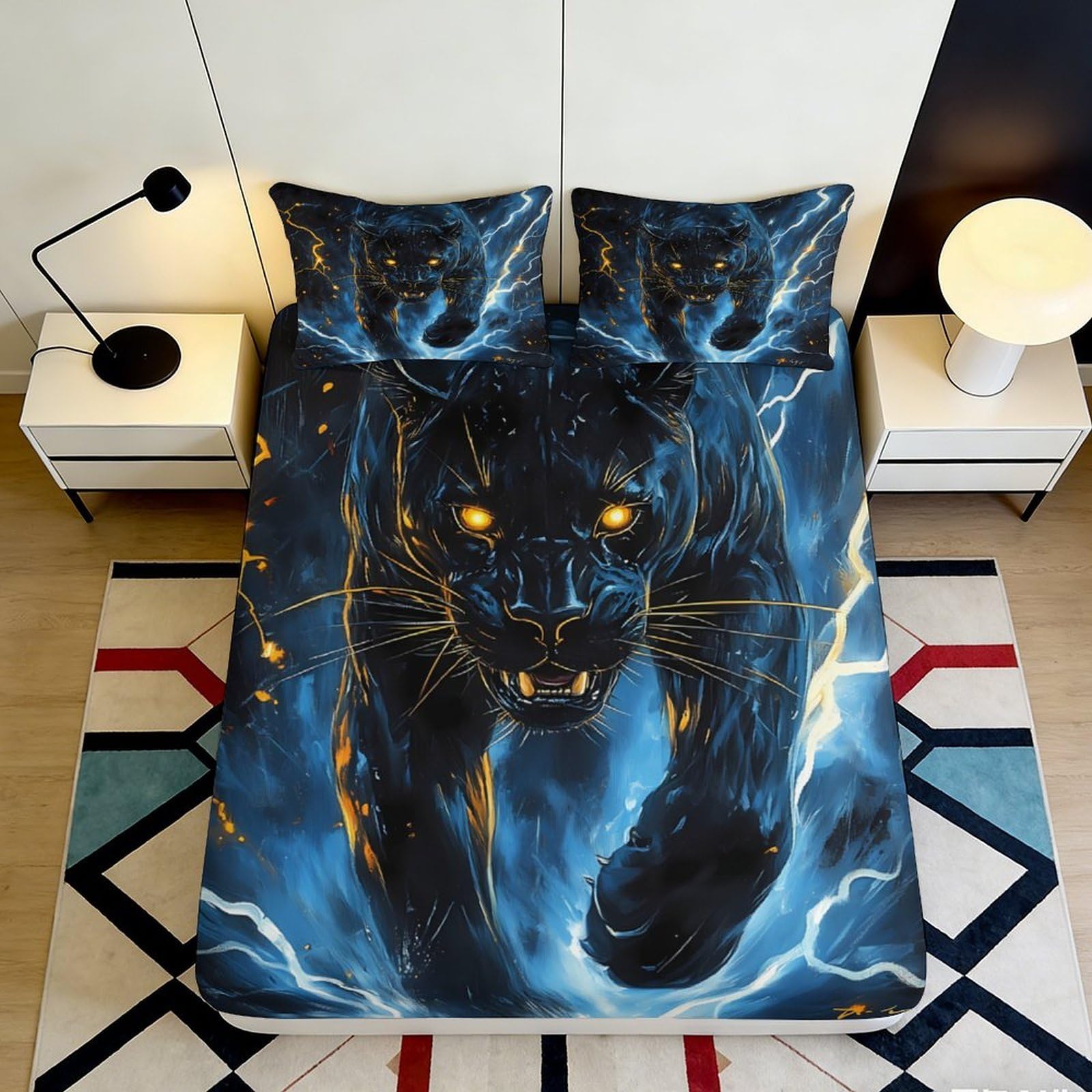 Dhbaneiok Style-8 3D Printed Black Panther Fitted Sheet Microfiber Soft Blue Lightning Mattress Cover For Bedroom Dorm Apartment Decor 90X200x25cm