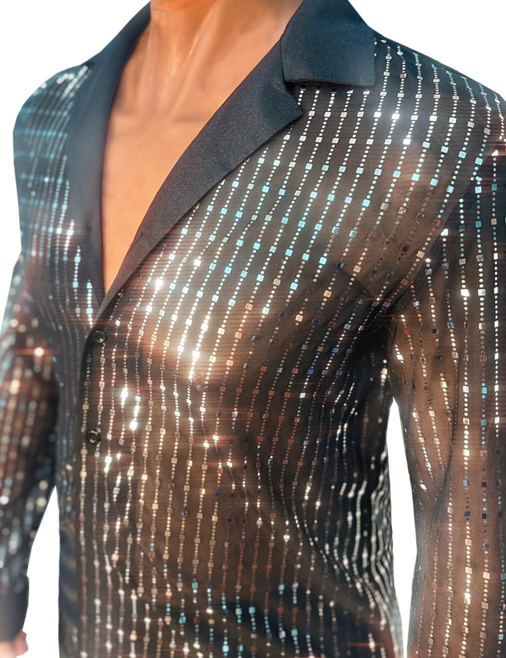 Mens Mesh Sequins See Through 70s Disco Long Sleeve Button Down Shirts - Image 2