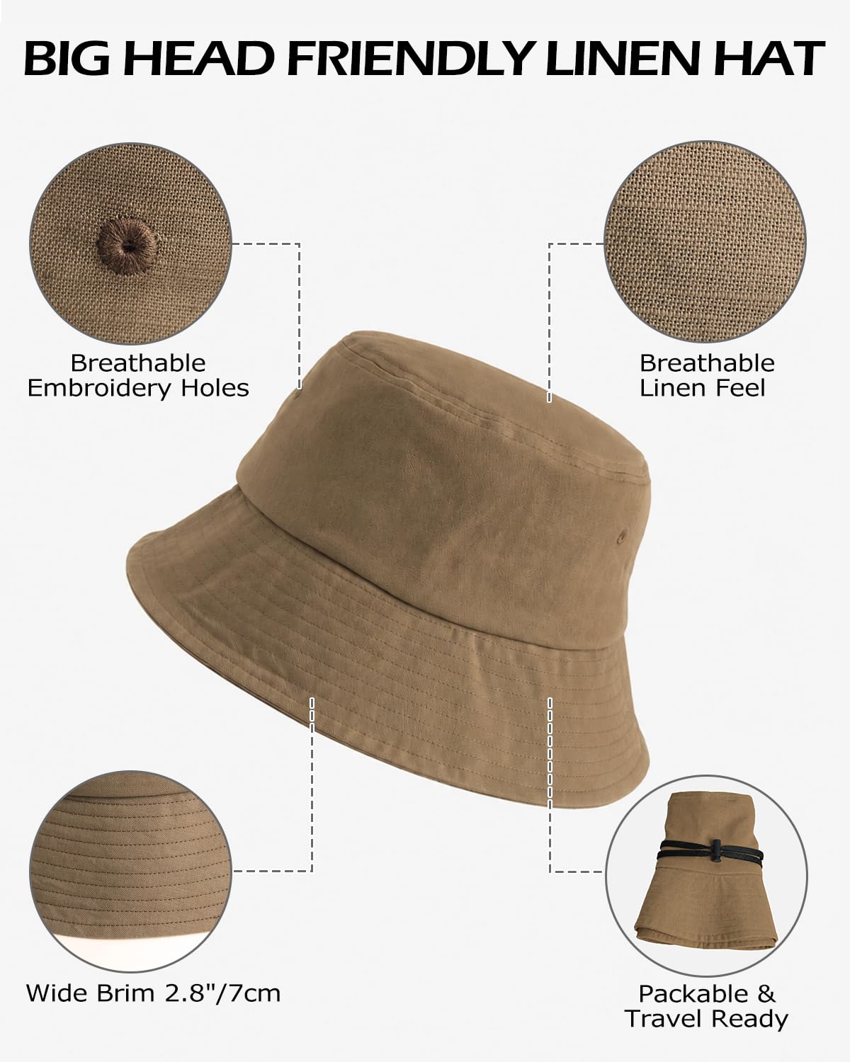 Zylioo Cappello da pescatore L/XL/XXL, per teste grandi, in lino, 60-63 cm, protezione solare UPF50+, cappello estivo UPF50+, cappello per esterni