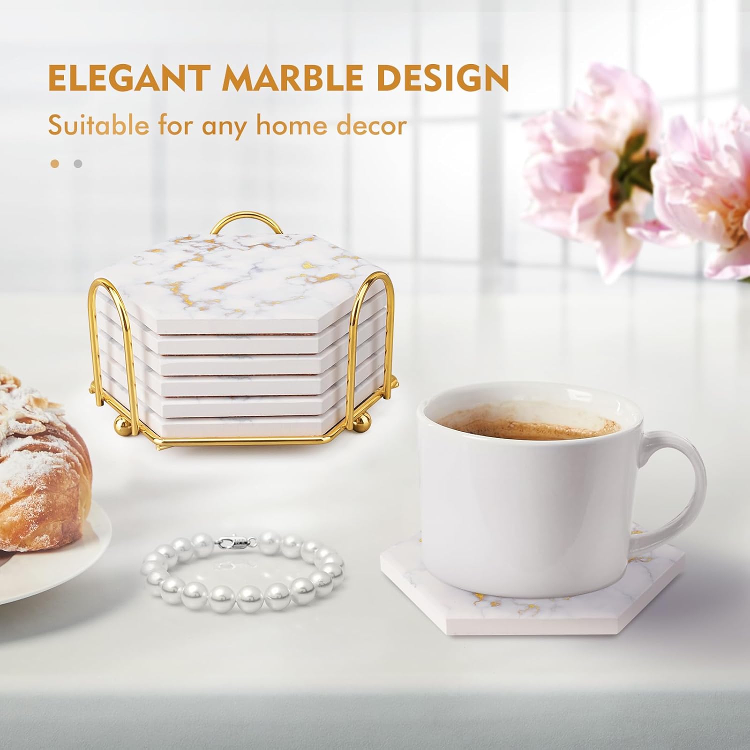 Marble Coasters for Drinks Absorbent with Cork Base, 6pcs Drink Coasters for Wooden Table with Metal Holder, Gold Ceramic Cup Coaster Set Home Decor for Housewarming (Luxury White Gold Marble 06) - Image 3