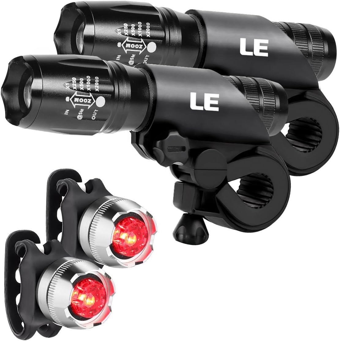LE Bike Lights, Front and Rear Bicycle Lights, 900Lumen, Zoomable, 5 Light Modes, Batteries Powered, Easy Install and Quick Release, Pack of 2