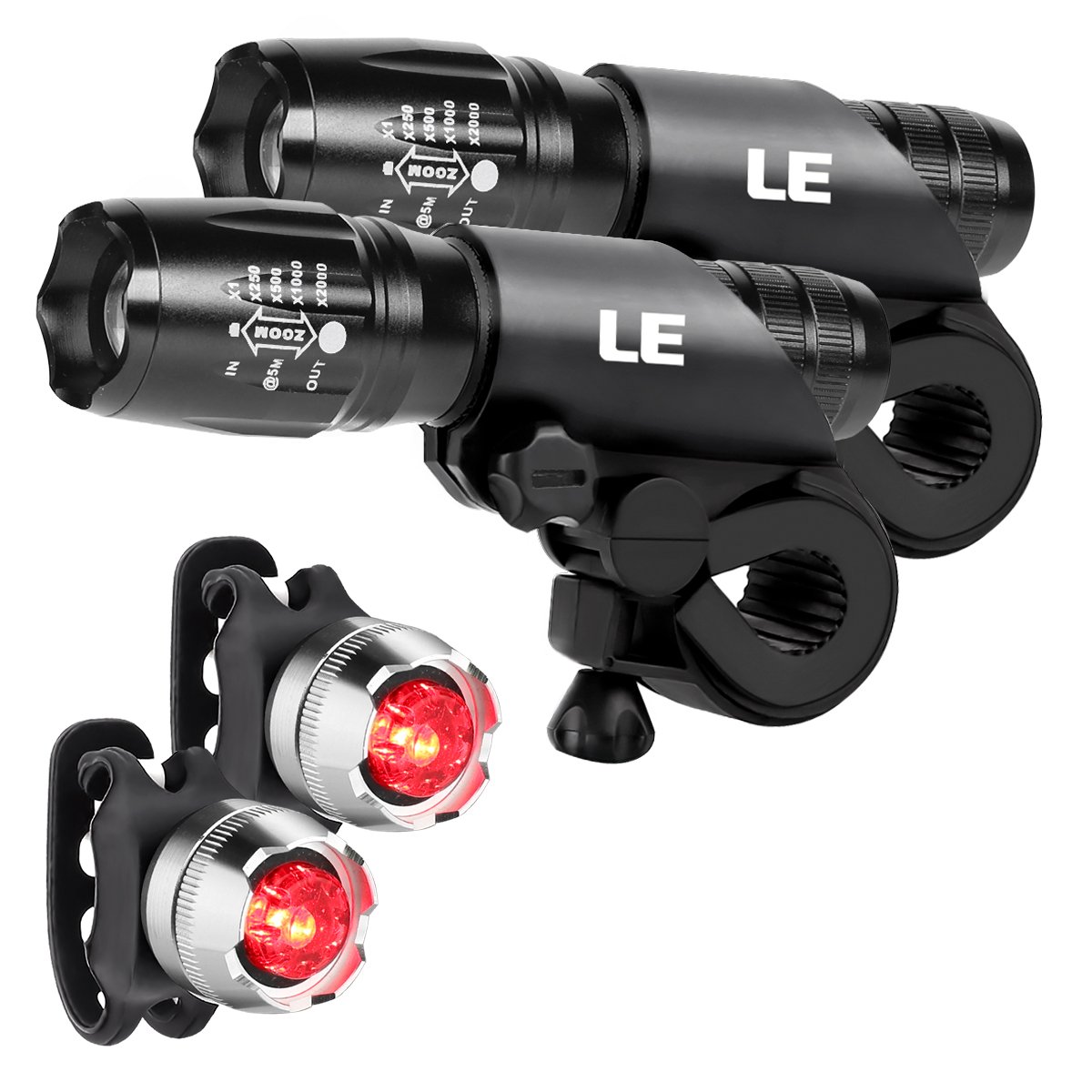LE Bike Lights, Front and Rear Bicycle Lights, 900Lumen, Zoomable, 5 Light Modes, Batteries Powered, Easy Install and Quick Release, Pack of 2