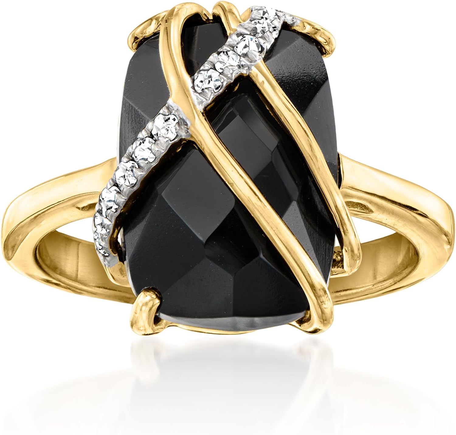Ross-Simons Onyx and .10 ct. t.w. White Topaz Ring in 18kt Gold Over Sterling