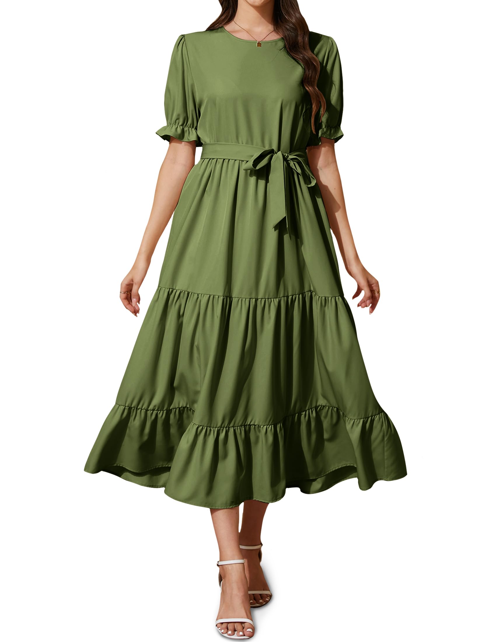 Wldrsd Women's Tiered Midi Dress with Tie Waist Flowy Summer Casual Short Sleeve Boho Swing Dress with Pocket