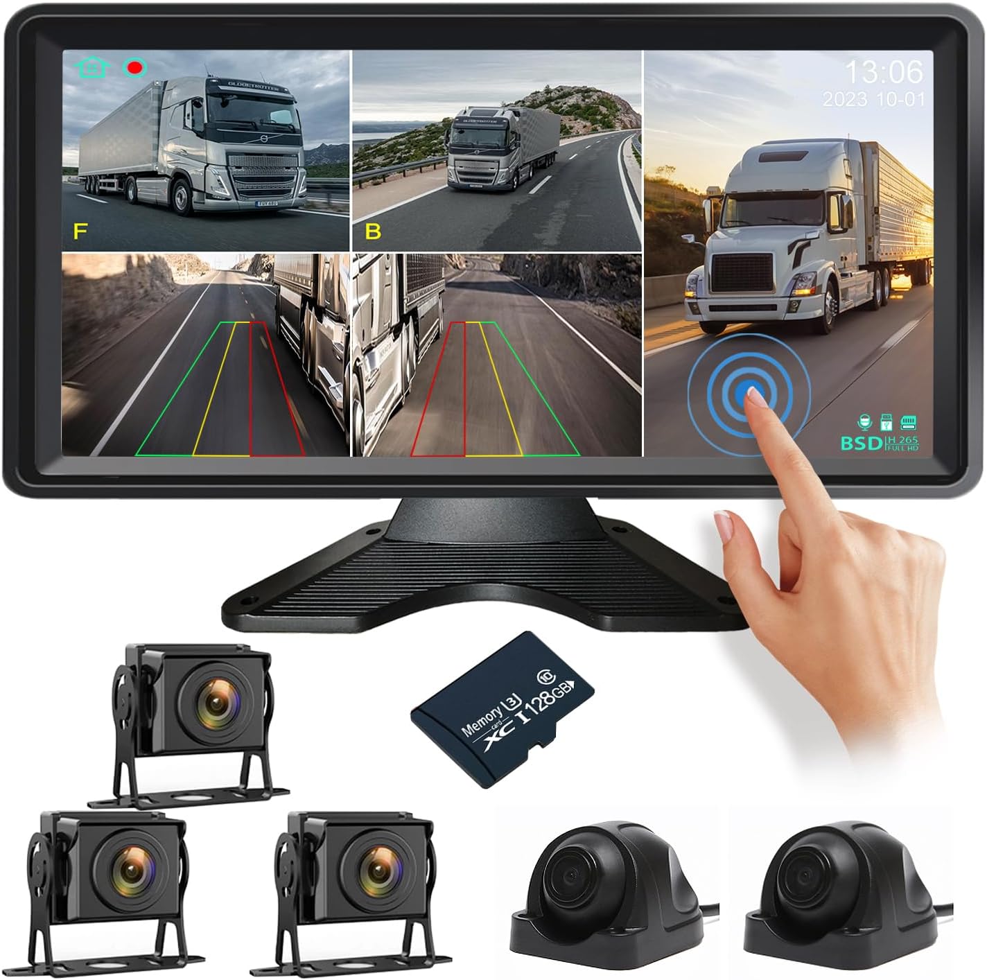 5 Wired Cameras Backup Camera 10.36" HD Monitor Touch Screen with 128GB DVR Recording, IP69 Waterproof Truck Trailer Tractor Rear Side Front
