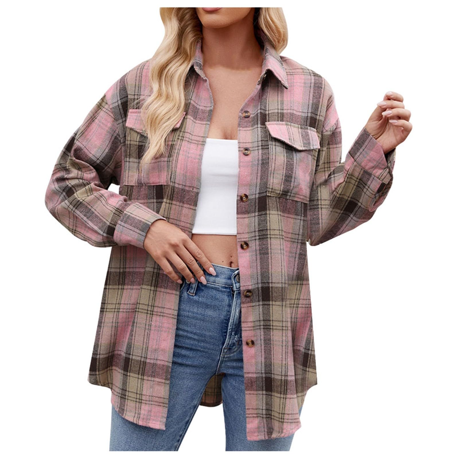 Flannel Shirt Women Casual Long Sleeve Plaid Shirts Button Down Collared Business Casual Loose Fit Tops