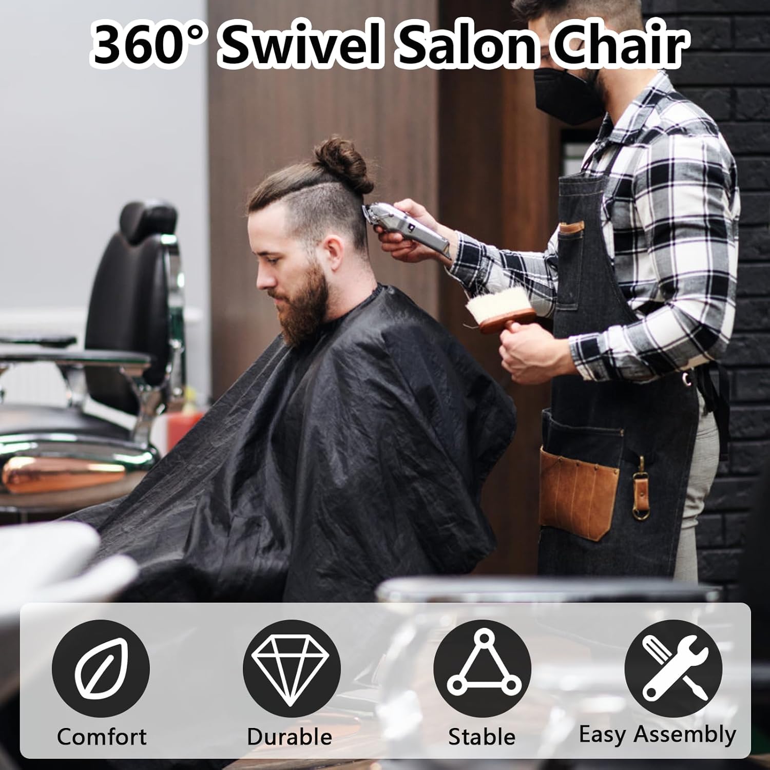 360° Swivel Black Salon Chairs for Hair Stylist, Leather Portable Barber Chairs for Barbershop, Heavy Duty Hair Chair for Home, Easy Assembly, 400 LBS Capacity (Black)