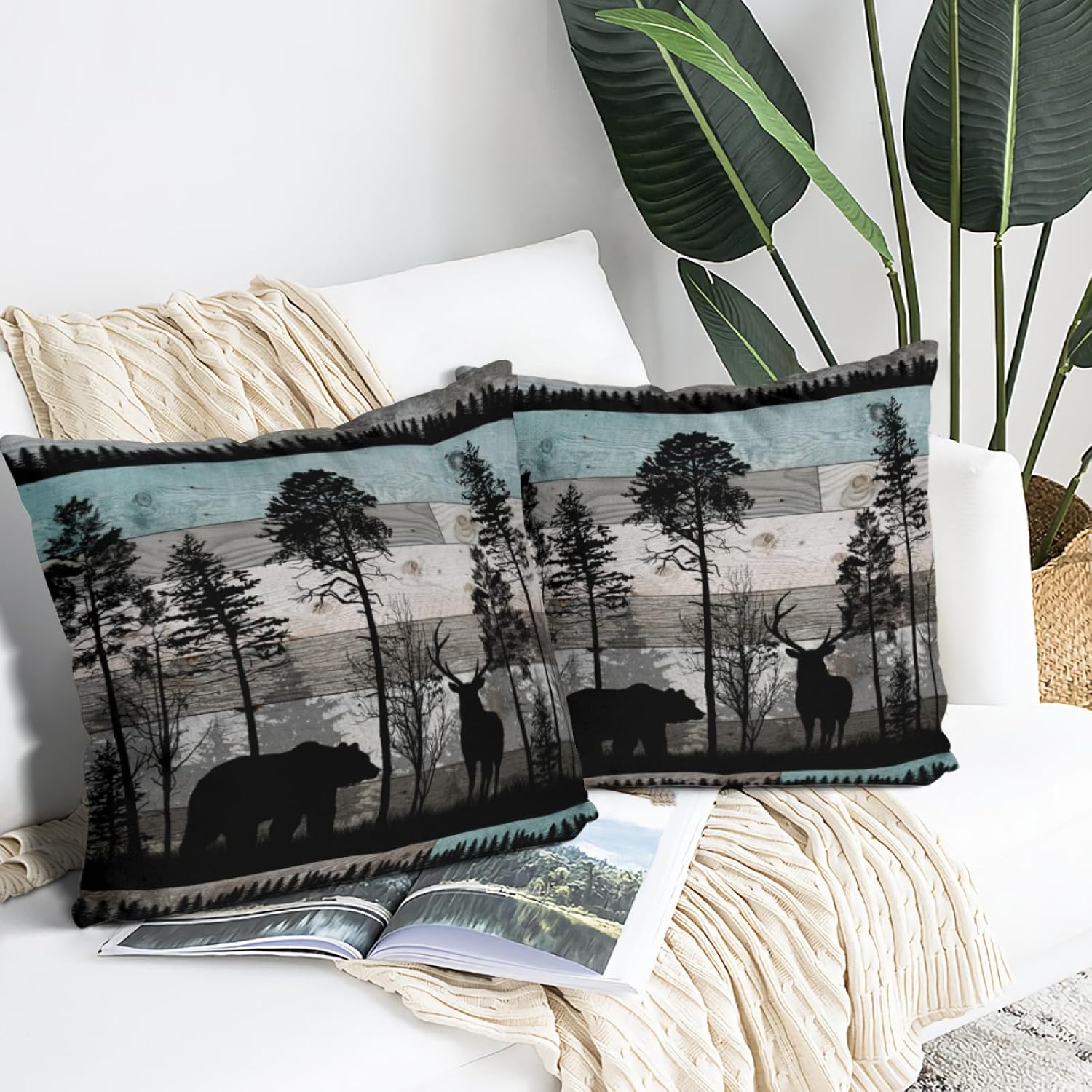 Rustic Farmhouse Throw Pillow Covers 16x16 Inch,Vintage Rustic Lodge Bear Brown Decorative Throw Pillowcases,Vintage Pillowcovers for Sofa Living Room Couch Bedroom Cabin Autumn Decor image 3