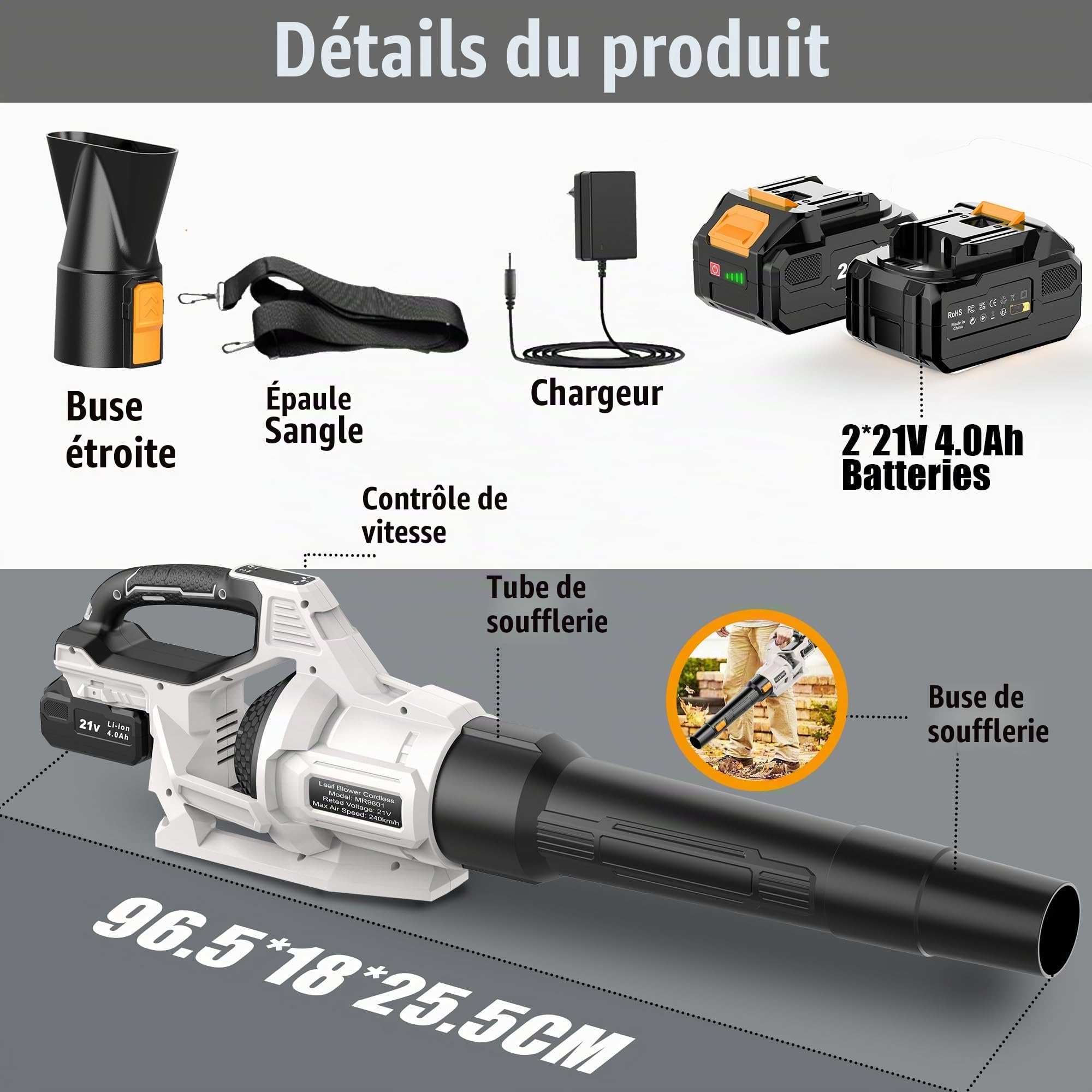 Souffleur de Feuilles sans Fil 21V, 2 Batteries 4,0Ah Incluses, 3 Vitesses Réglables, 2 Tubes de Soufflage Amovibles, Bandoulière – pour Jardin, Terrasse et Nettoyage Extérieur