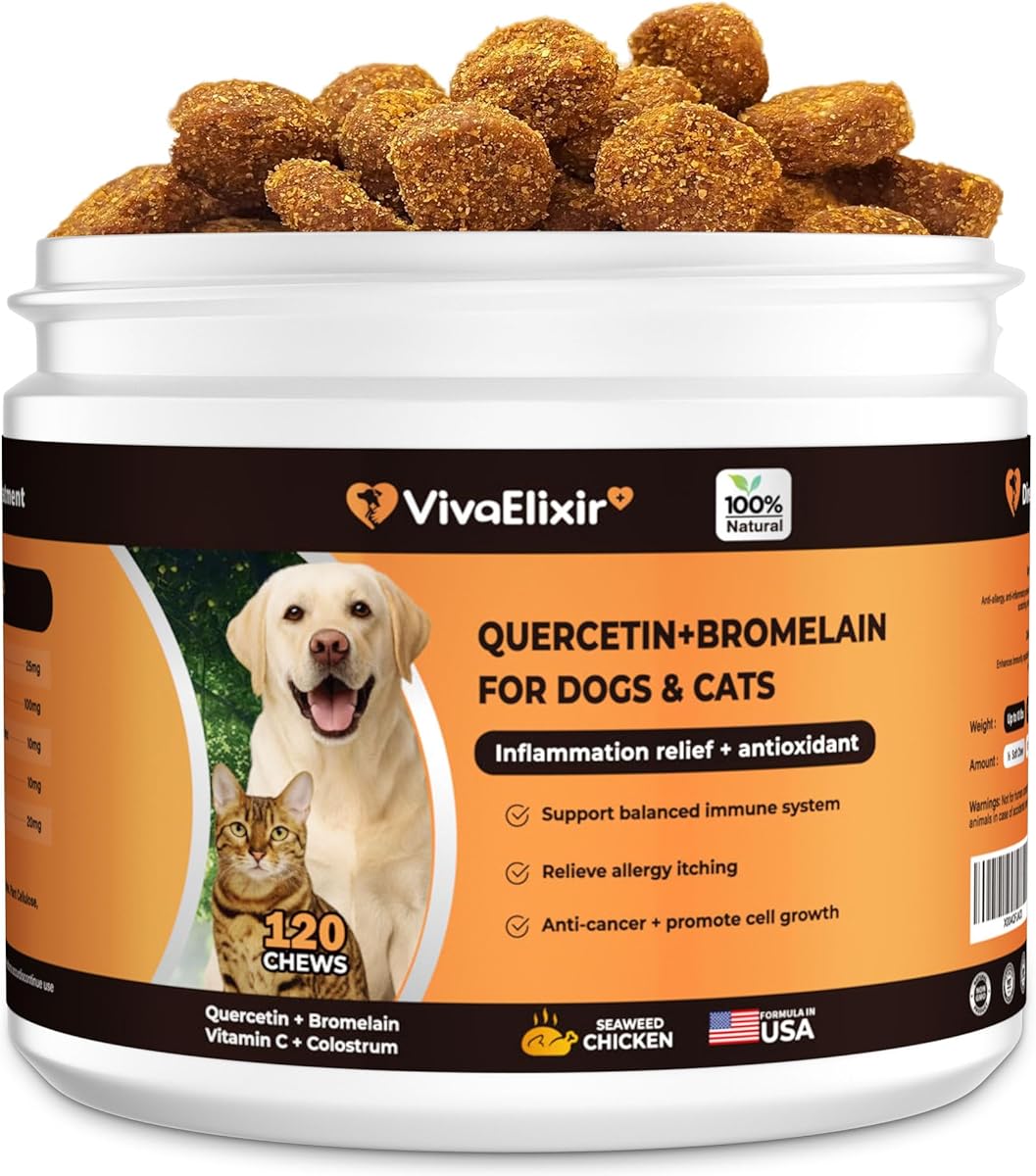 Quercetin & Bromelain for Dogs & Cats with Colostrum & Probiotics - Supports Immune System, Relieves Itchy Allergies, Anti-Inflammatory Antioxidants, Veterinarian Recommended, 120 Chewable Tablets