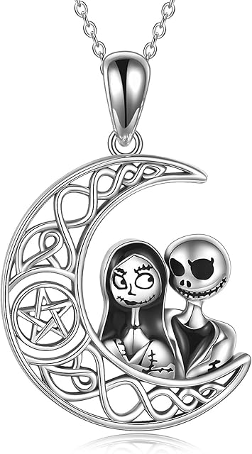 YFN Sterling Silver Jack Skellington and Sally on the Moon Pendant Necklace Halloween Christmas Jewellery Gifts for Women Wife Girlfriend Girls Halloween Gifts