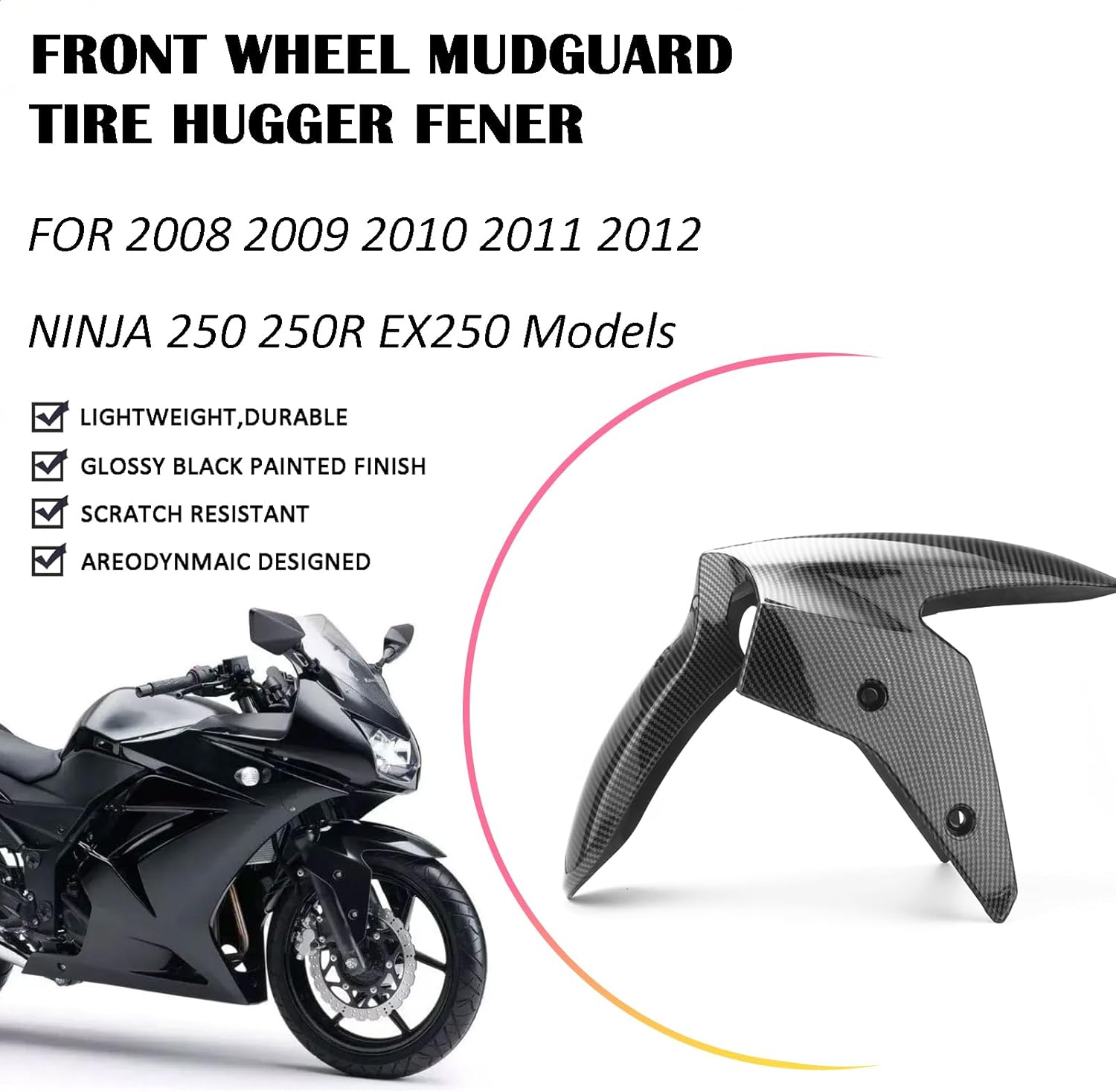 Front Fender Mudguard for Kawasaki Ninja 250 250R EX250 2008-2012, Carbon Fiber Texture ABS Plastic Tire Hugger Splash Guard (Carbon Fiber Look)
