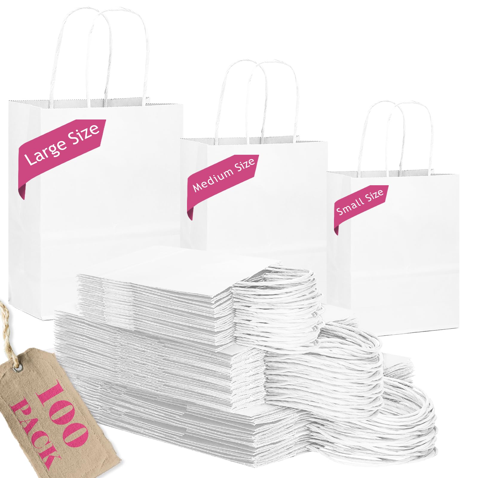 qiqee 100-Packs White Paper Gift Bags with Handles Assorted Sizes(33pcs Large 13", 33pcs Medium 11", 34pcs Small 8")
