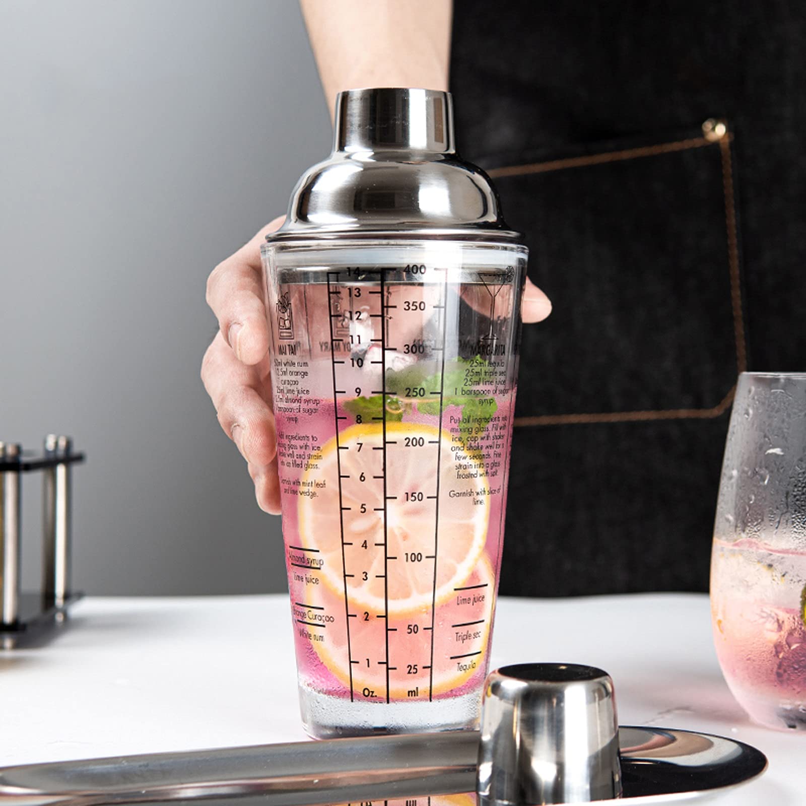 Shaker Cocktail Shaker Cocktail, Buvez des Recettes Mixerermartini mesurées Mélange en Verre et en Acier Inoxydable Shaker, Meilleur Cadeau for débutant Set à Cocktail