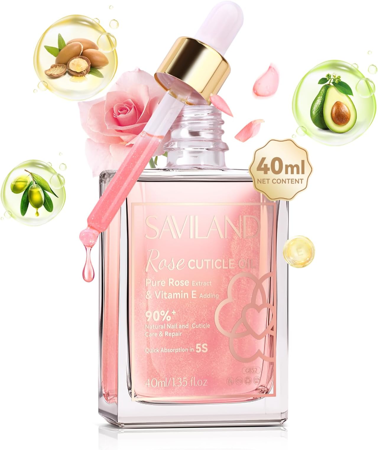 Saviland 40ml Cuticle Oil For Nails, Large Capacity Non-Irritating Jojoba Nail Cuticle Oil Contains Vitamins B & E With Dropper Design, Rose Nail Oil For Dry Nails Moisturizing And Repairing