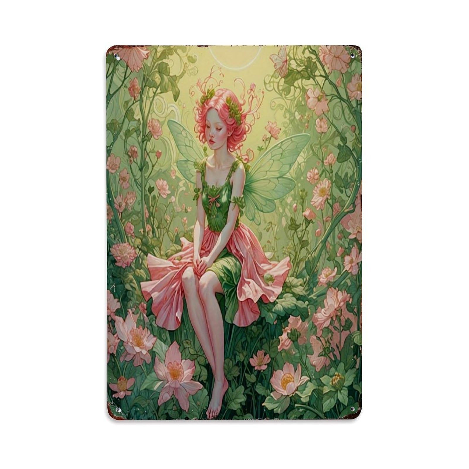 Jdfenggu Vintage Fairy Garden Floral Wings Pink Retro Metal Tin Sign, Decor Art Poster For Bar, Home, Man Cave, Kitchen, Laundry Room Gift 8X12inch