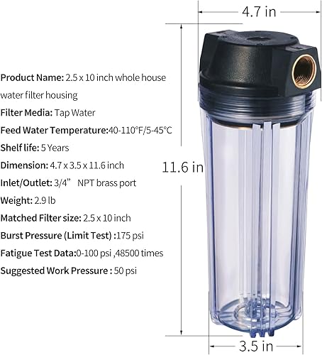 Miniatura 4 de Geekpure Carcasa de filtro transparente de 10 pulgadas para toda la casa, puerto de latón NPT de 34 pulgadas, apto para filtros de 2.5 x 10 pulgadas