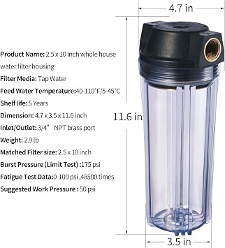 Geekpure 10-Inch Whole House Slim Water Filter Housing with Pressure Relief Valve - 3/4NPT Brass Port-Fit for 2.5 x 10 Filters-Clear (1)