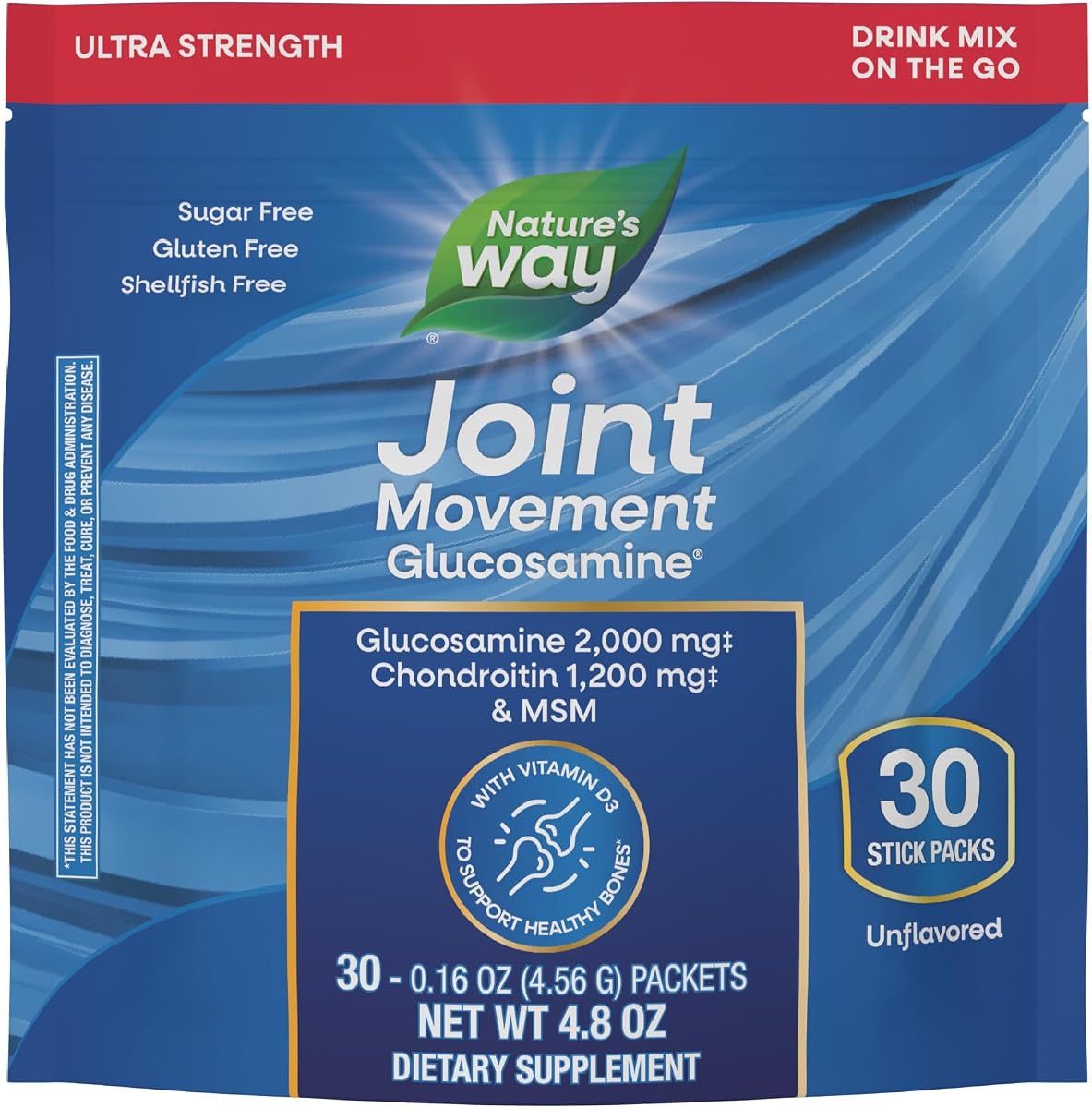 Nature's Way Joint Movement Glucosamine Drink Mix, Chondroitin, 30 ct | Ultra-Strength Formula with MSM, Hyaluronic Acid, and Vitamin D3 for Bone Support and Muscle Function*; Unflavored, No Sugar