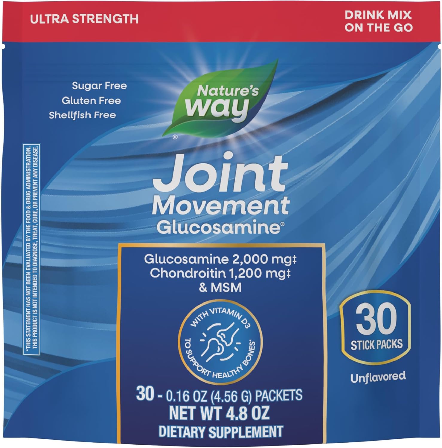 Nature's Way Joint Movement Glucosamine Drink Mix, Ultra Strength Glucosamine, MSM, Hyaluronic Acid, Vitamin D3, Supports Bones, Muscles, Cartilage*, No Sugar, Joint Support*, 30 Unflavored Packets