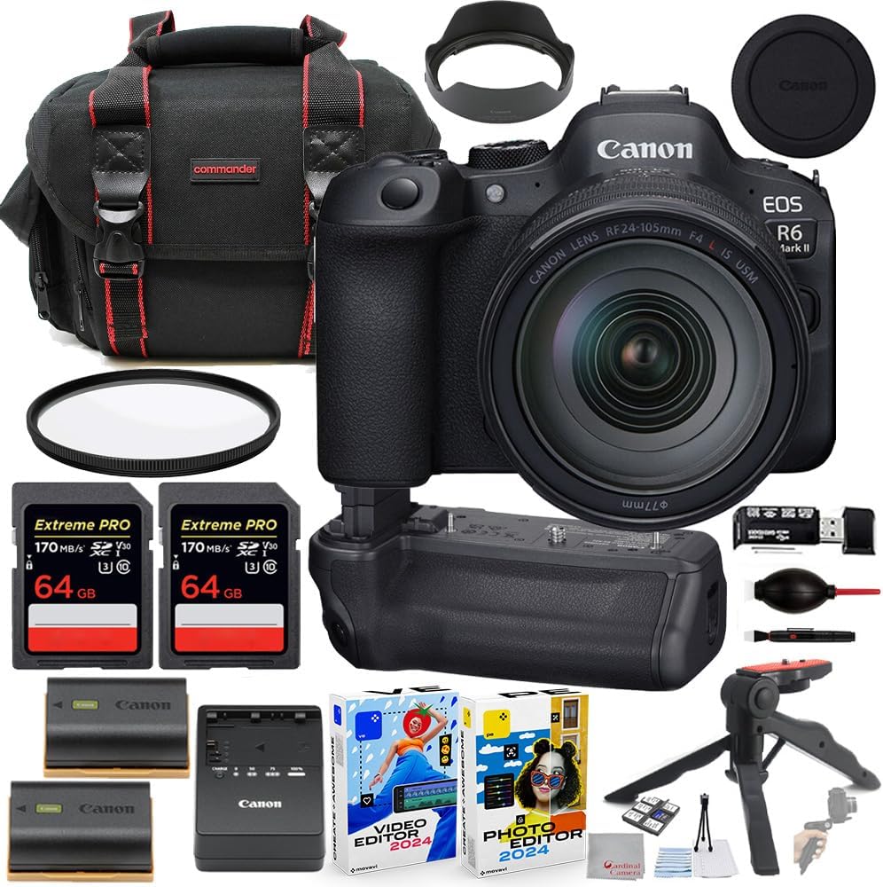 Canon EOS R6 Mark II Mirrorless Camera with RF 24-105mm USM Lens Bundle & Canon BG-R20 Battery Grip + Commander Gear Bag + 2X 64GB Extreme Memory Cards + Accessory Kit
