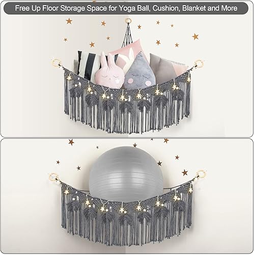 Vista 10 de ANROYE Hamaca de red de juguetes de peluche de macramé con luz de estrella, pequeños peluches bohemios, almacenamiento para guardería, organizador