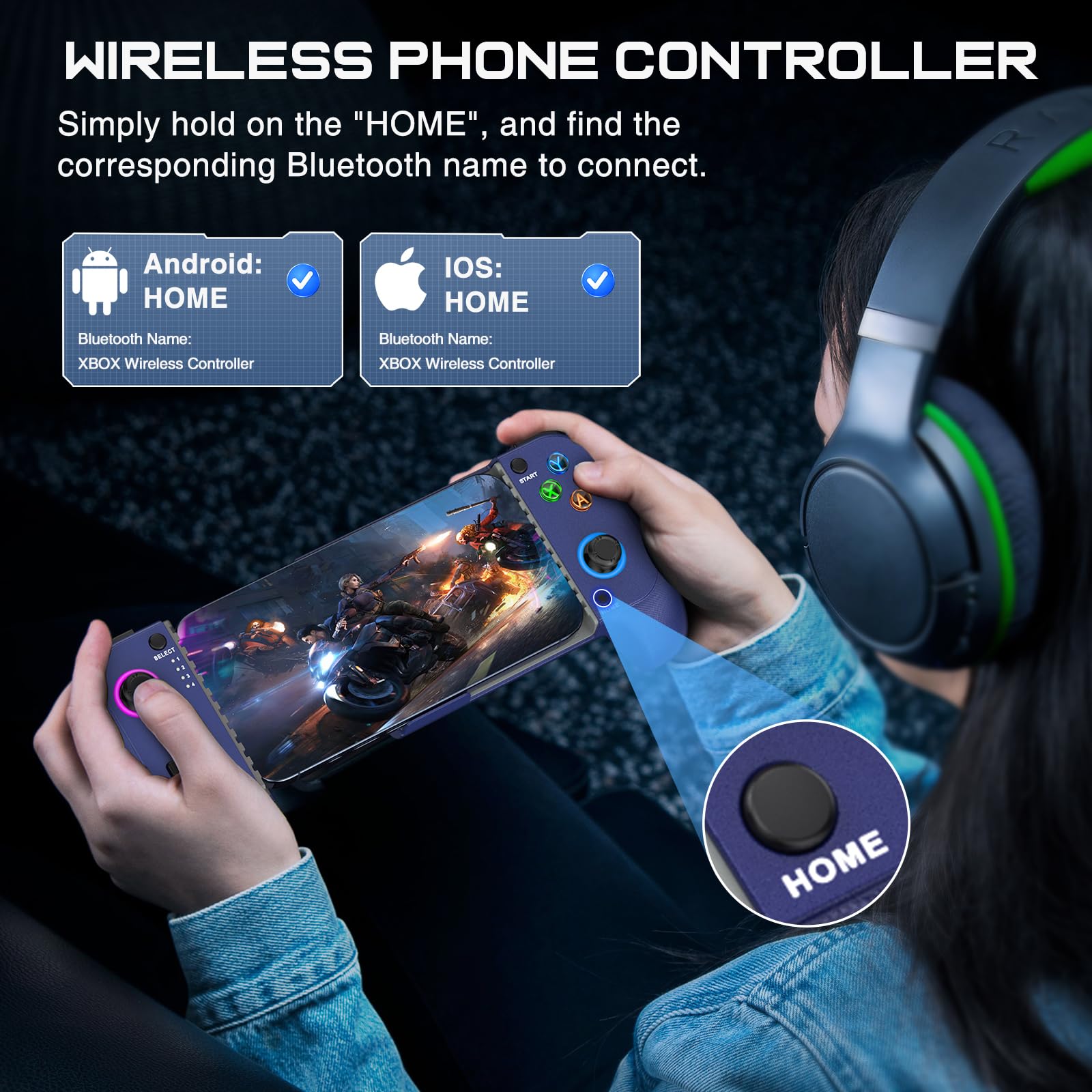 Controlador de juego móvil para iPhone/Android, mando de teléfono inalámbrico, compatible con funda de teléfono, controlador de juegos con palanca de mando Hall adecuado para Xbox Game Pass, Steam
