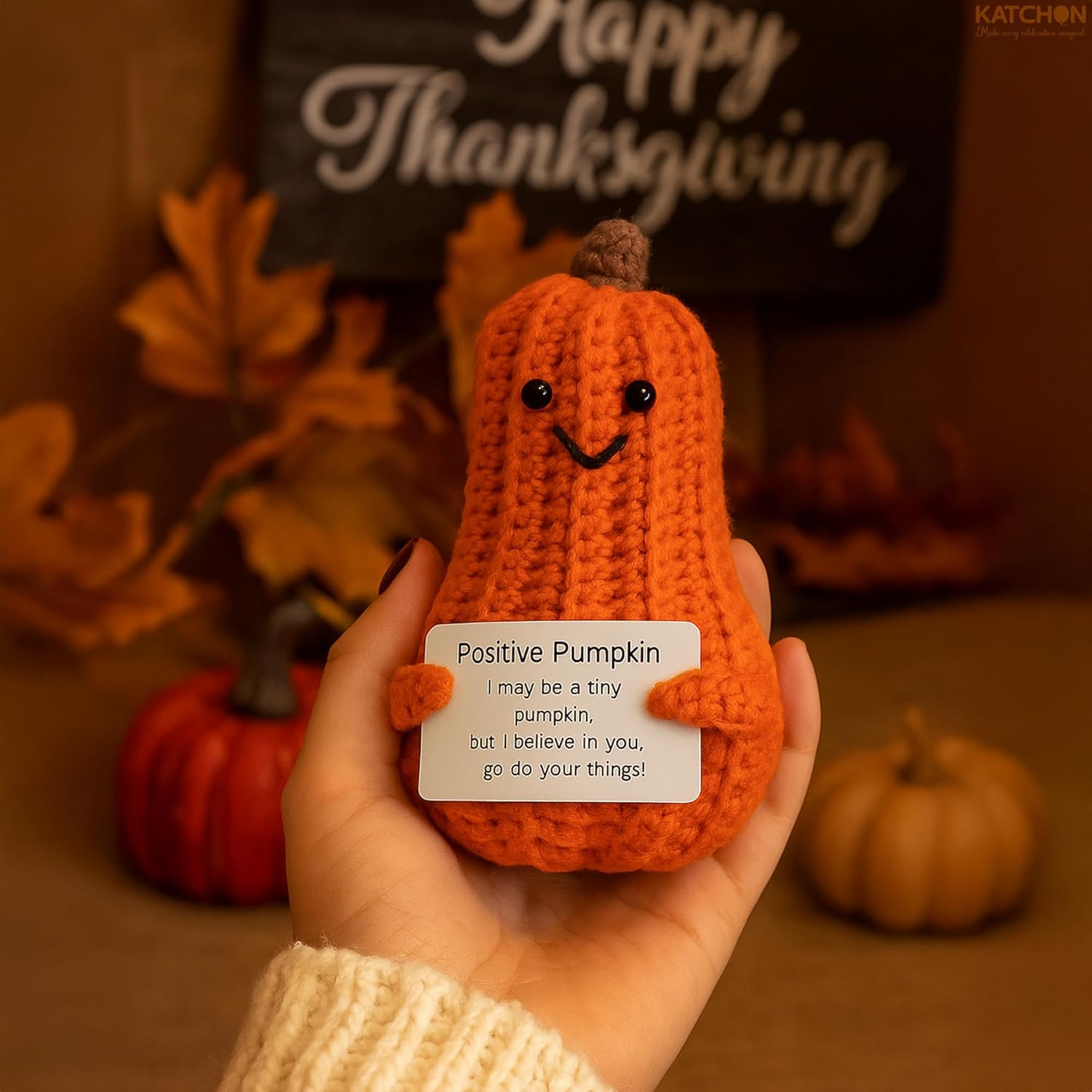 KatchOn, Positive Pumpkin Crochet Gift | Christmas Stocking Stuffers, Cute Crochet Pumpkin for Emotional Support, New Years Gifts | Office Desk Accessories, for Women, Family & Friends - Image 6