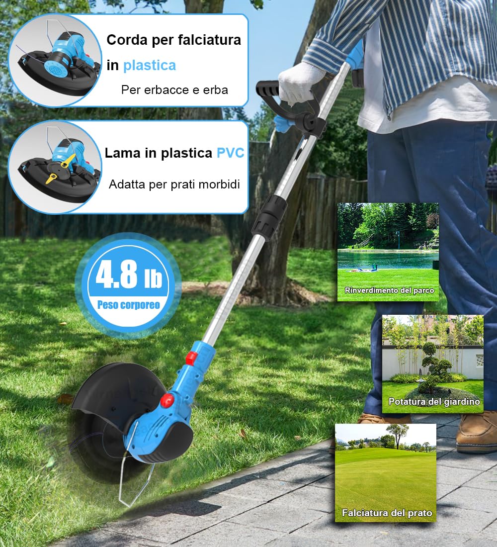 Wrneaoch 21V Decespugliatore a Batteria Elettrico con 12.000 RPM e motore da 850W Tagliabordi a Batteria con 2 Batterie da 4,0 Ah è Ideale per Tagliare l'erba in Modo Efficace e Senza Sforzo