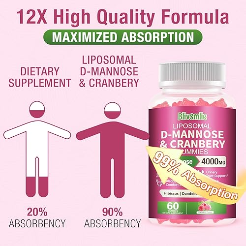 Miniatura 2 de Paquete de 2 gomitas liposomales D-manosa de 4000 mg complejo de arándano 1500 mg e hibisco, fórmula de alta potencia para mujeres tracto urinario y