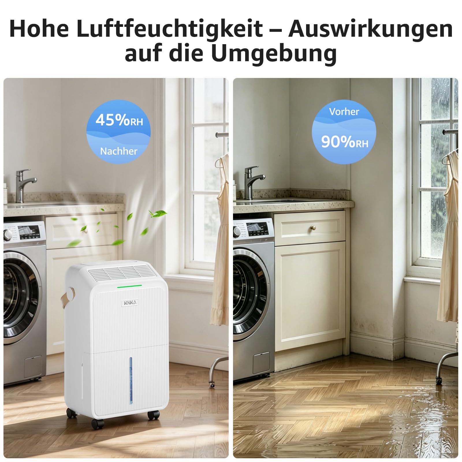 KNKA Luftentfeuchter, 16 L/T, Energiesparender Entfeuchter, Leiser Raumentfeuchter, 3,3 L Wassertank, Schlafmodus, LED-Feuchtigkeitsanzeige in Echtzeit, 100 m³ (35 m²), für Waschküche, Wohnung, Keller