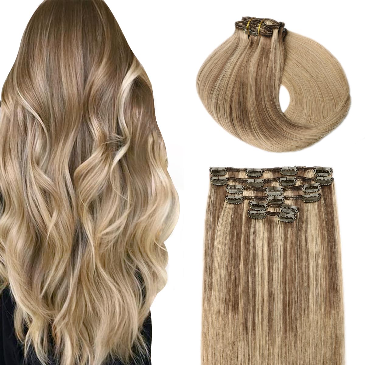 SURNEL Extensiones Clip Pelo Natural 100g 40cm 6 Piezas Rubio Platino Claro Extensiones De Clip De Humano Real Extensiones Pelo Remy Natural (C#60-40cm) — view 21