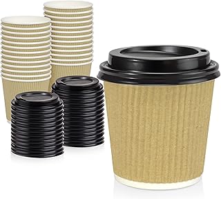 Fit Meal Prep [50 Pack] Disposable Hot Cups with Lids - 4 oz Brown Double Wall Insulated Ripple Sleeves Coffee Cups with Black Dome Lid - Kraft Paper Cup for To Go Chocolate, Tea, and Cocoa Drinks