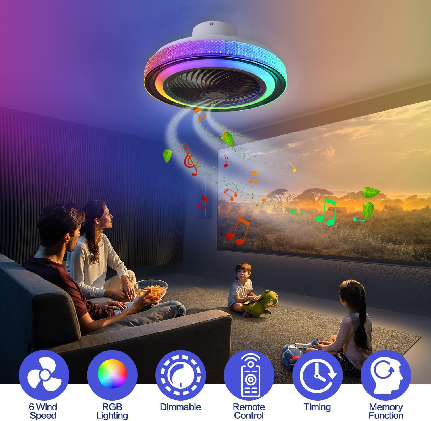 LED Dimmerabile Fan Plafoniera con Bluetooth Altoparlante RGB Ventilatore da soffitto silenzioso con luce e Telecomando Regolabile per Bambini Camera da Letto Soggiorno Sala da Pranzo Illuminazione
