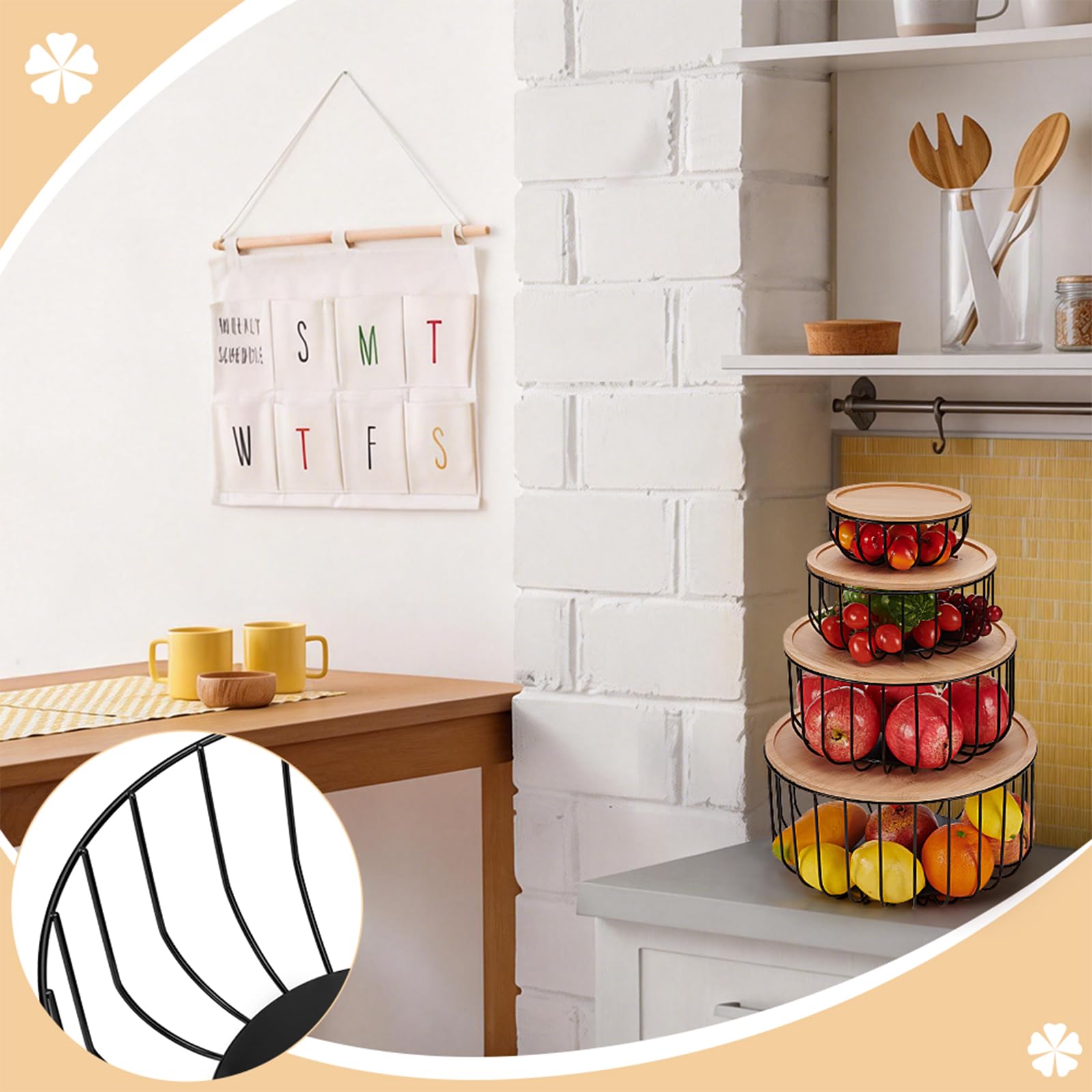Ensemble de 4 panier à Fruits pour Comptoir de Cuisine Panier à Fruits Rond de Taille 4 avec Couvercle en Bois Bac de Comptoir pour Fruits et Légumes Citron Banane Candy(Noir)